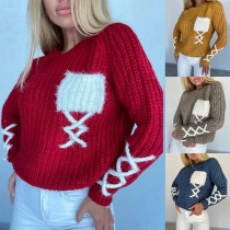 Fashion Contrast Color Long Sleeve Round Neck Lace-up Sweater