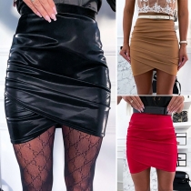 Fashion Solid Color High Waist Irregular Hem PU Leather Skirt