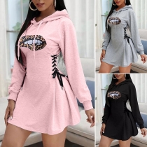 Fashion Leopard Lip Pattern Long Sleeve Hooded Lace-up Dress