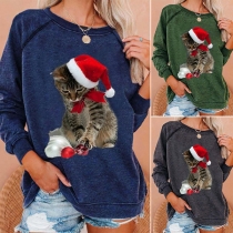 Cute Cat Printed Long Sleeve Round Neck Loose Sweatshirt