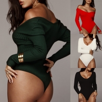 Sexy V-neck Long Sleeve Solid Color Bodysuit