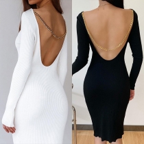 Sexy Backless Long Sleeve Round Neck Slim Fit Chain Dress