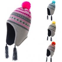 Fashion Hairball Spliced Contrast Color Printed Tassel Knitted Hat for Kids