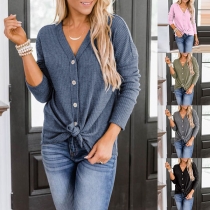 Loose Solid Color V-neck Long Sleeve Knitted Top