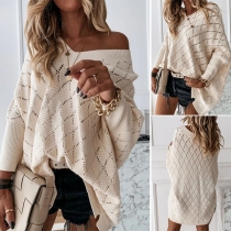 Long Solid Color V-neck Dolman Sleeve Hollow Out  Knitted Top