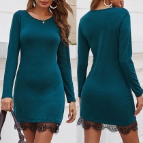 Solid Color Round Neck Lace Spliced Hem Long Sleeve Slim Fit Dress