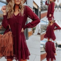 Solid Color V-neck High-waist Ruffle Hem Long Sleeve Dress