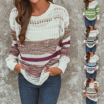 Contrast Color Round Neck Long Sleeve Hollow Out Knitted Top