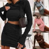 Solid Color Hooded Long Sleeve Crop Top+Skirt Two-piece Set(The size falls small)