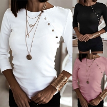 Solid Color Round Neck Button Long Sleeve Top