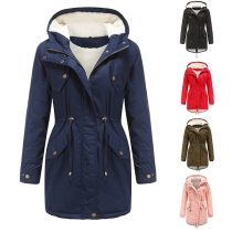 Solid Color Hooded Drawstring Plush Lining Padded Coat