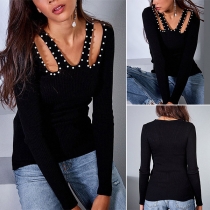 Sexy V-neck Hollow Out Pearl Long Sleeve Top