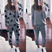 Solid Color V-neck Long Sleeve Top+Drawstring Pants Two-piece Set