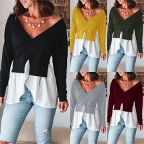 Solid Color V-neck Irregular Hem Spliced Long Sleeve Top