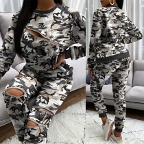 Fashion Camouflage Printed Zipper Sweatshirt + Pants Two-piece Set