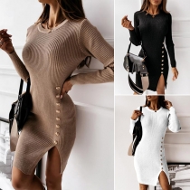 Sexy Slit Hem Long Sleeve Round Neck Solid Color Slim Fit Dress