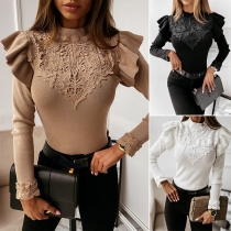 Fashion Solid Color Long Sleeve Mock Neck Lace Spliced Ruffle Top