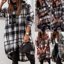 Fashion Long Sleeve Hooded Plaid Woolen Coat