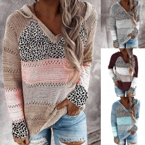 Contrast Color Leopard Printed Spliced Hooded Long Sleeve Knitted Top