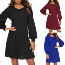 Solid Color Round Neck Lantern Sleeves Slim Fit Dress