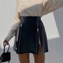 Fashion Solid Color High-waist Slim Fit PU Leather Skirt
