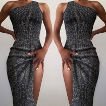 Sexy One-shoulder Slit Hem Sleeveless Slim Fit Dress