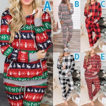 Christmas Printed Hooded Long Sleeve Sweatshirt+Pants Two-piece Set