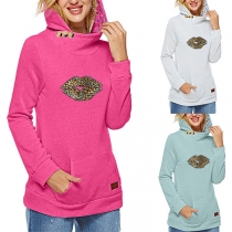 Fashion Long Sleeve Leopard Lip Pattern Hooded Sweatshirt