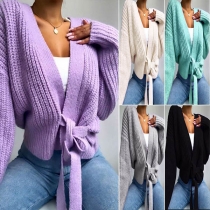 Sexy Solid Color V-neck Lace-up Cardigan Knitted Top