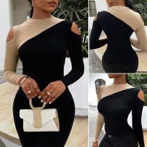 Sexy Off-shoulder Long Sleeve Round Neck Contrast Color Tight Dress
