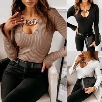 Sexy Solid Color Chain V-neck Split Long Sleeve Slim Fit Knitted  Top