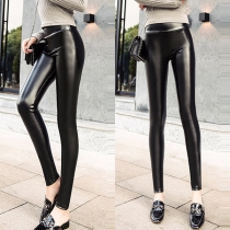 Fashion High-waist Plush Lining Slim Fit PU Leather Pants