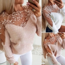 Sexy Gauze Spliced Long Sleeve Round Neck Sweater