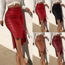 Sexy Slit Hem High Waist Solid Color PU Leather Skirt