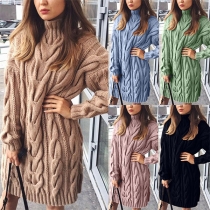 Fashion Solid Color Mock Neck Loose Sweater Dress