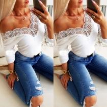 Sexy Lace Spliced V-neck Long Sleeve Solid Color Slim Fit Top