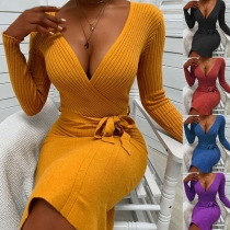Sexy Solid Color V-neck Belt Long Sleeve Slim Fit Knitted Dress