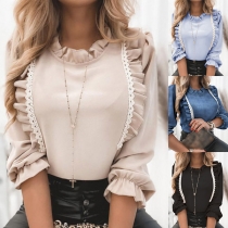 Fashion Solid Color Long Sleeve Round Color Ruffle Top