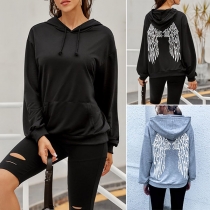 Solid Color Hooded Wing Printed Long Sleeve Sweatshirt