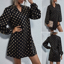 Fashion Black V-neck Polka Dot Printed Long Sleeve Dress