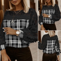 Fashion Hollow Out Lace Spliced Long Sleeve Plaid Top