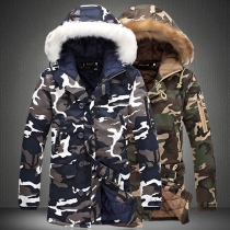 Fashion Faux Fur Spliced Hooded Camouflage Printed Man's Padded Coat