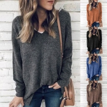 Simple Style Long Sleeve V-neck Solid Color Loose Knit Top