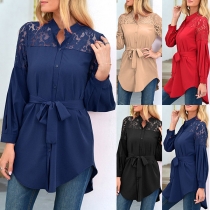Fashion Lace Spliced Long Sleeve Stand Collar Solid Color Shirt