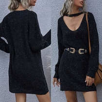 Sexy V-neck Long Sleeve Mixed Color Knit Dress