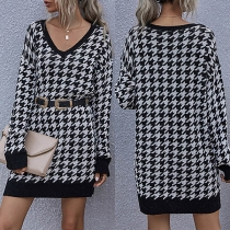 Fashion Long Sleeve V-neck Houndstooth Plaid Dress