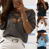 Sexy Crossover V-neck Long Sleeve Solid Color T-shirt