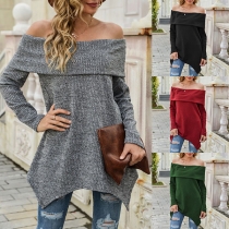 Sexy Off-shoulder Boat Neck Long Sleeve Irregular Hem Knit Top
