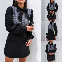 Sweet Style Bow-knot Collar Long Sleeve Plaid Spliced Dress