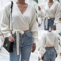 Sexy V-neck Long Sleeve Lace-up Hem Solid Color Knit Top